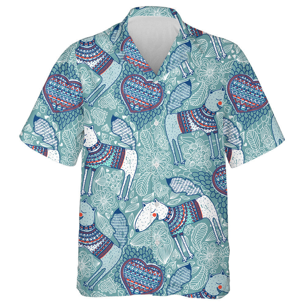 Smiling Dogs And Knitted Hearts On Blue Hawaiian Shirt, Hawaiian Shirt Gift, Christmas Gift