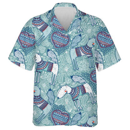 Smiling Dogs And Knitted Hearts On Blue Hawaiian Shirt, Hawaiian Shirt Gift, Christmas Gift