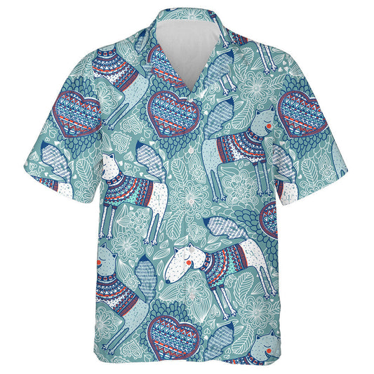 Smiling Dogs And Knitted Hearts On Blue Hawaiian Shirt, Hawaiian Shirt Gift, Christmas Gift