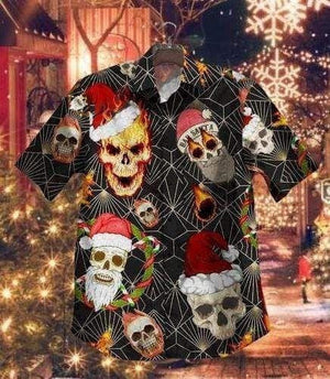 Skull Santa Claus Fire Christmas Black Background Design Hawaiian Shirt, Hawaiian Shirt Gift, Christmas Gift