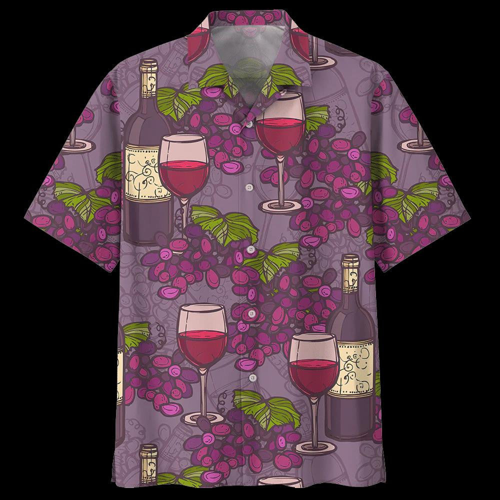 Grape Wine Glass And Bottle Purple Theme Design Hawaiian Shirt, Hawaiian Shirt Gift, Christmas Gift