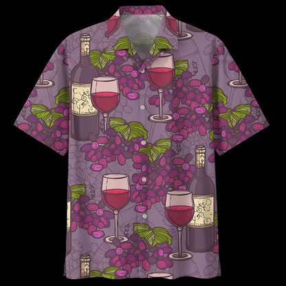 Grape Wine Glass And Bottle Purple Theme Design Hawaiian Shirt, Hawaiian Shirt Gift, Christmas Gift