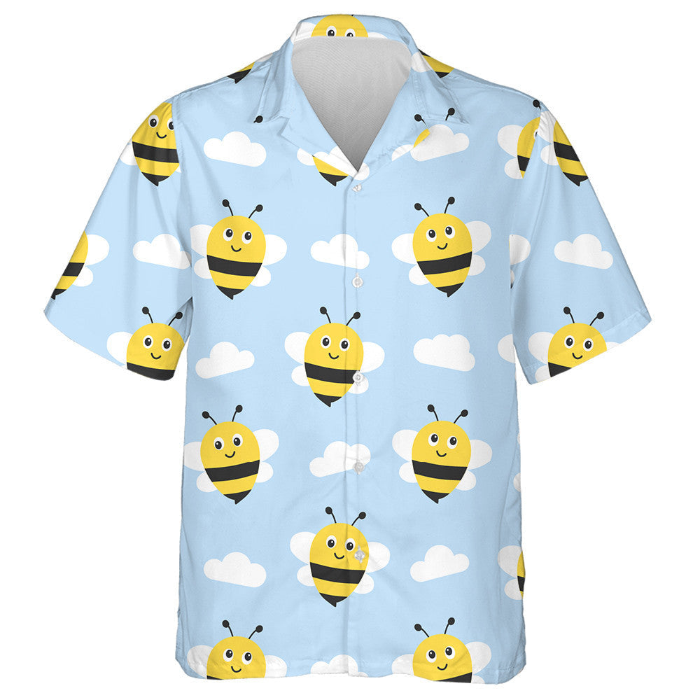 Cartoon Black And Yellow Bees With Clouds Hawaiian Shirt, Hawaiian Shirt Gift, Christmas Gift