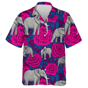 African Elephants With Dark Pink Rose Flowers Hawaiian Shirt, Hawaiian Shirt Gift, Christmas Gift