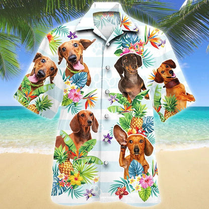 Dachshund Dog Tropical Flower And Leaves Hawaiian Shirt,Hawaiian Shirt Gift, Christmas Gift