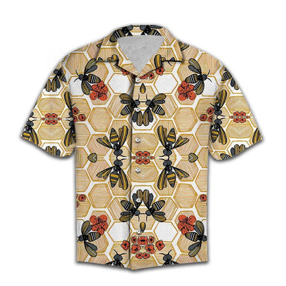 Vintage Flower Honey Bee Hexagon Background Pattern Hawaiian Shirt, Hawaiian Shirt Gift, Christmas Gift