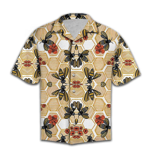 Vintage Flower Honey Bee Hexagon Background Pattern Hawaiian Shirt, Hawaiian Shirt Gift, Christmas Gift