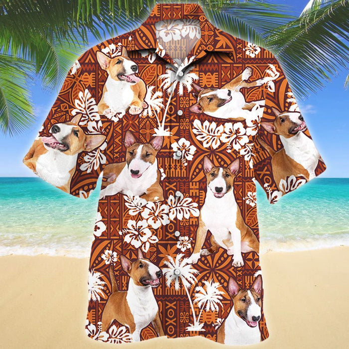 Impressive Miniature Bull Terrier Dog Red Tribal Pattern Hawaiian Shirt, Hawaiian Shirt Gift, Christmas Gift