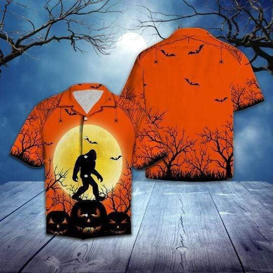 Bigfoot In The Halloween Night Illustration Hawaiian Shirt, Hawaiian For Gift