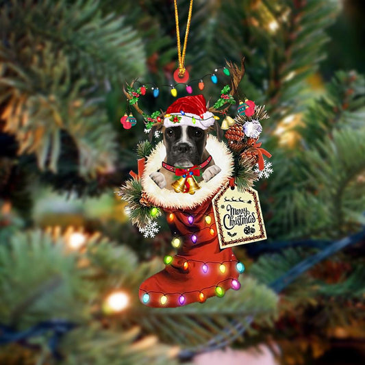 BROWN Boxer-Xmas Boot-Two Sided Christmas Plastic Hanging Ornament, Happy Christmas Ornament, Christmas Gift, Christmas Decoration
