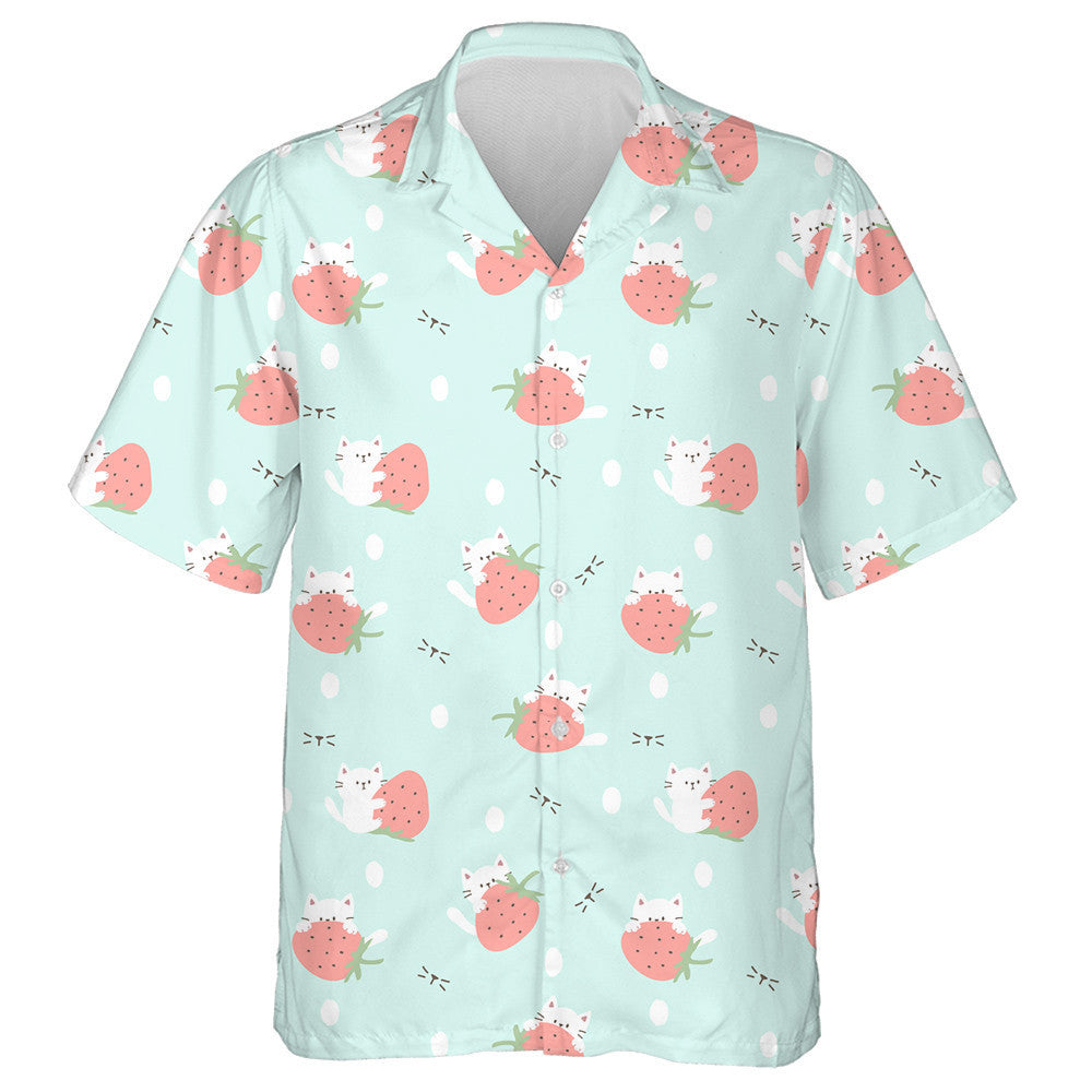 Cartoon Cat And Strawberry On Pastel Green Hawaiian Shirt, Hawaiian Shirt Gift, Christmas Gift
