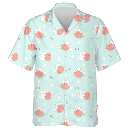 Cartoon Cat And Strawberry On Pastel Green Hawaiian Shirt, Hawaiian Shirt Gift, Christmas Gift