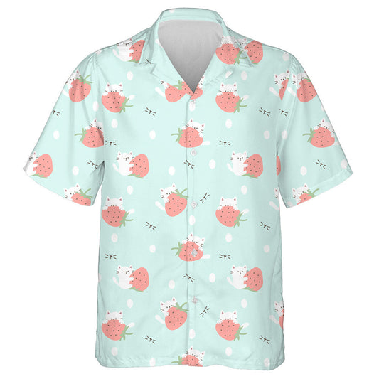 Cartoon Cat And Strawberry On Pastel Green Hawaiian Shirt, Hawaiian Shirt Gift, Christmas Gift