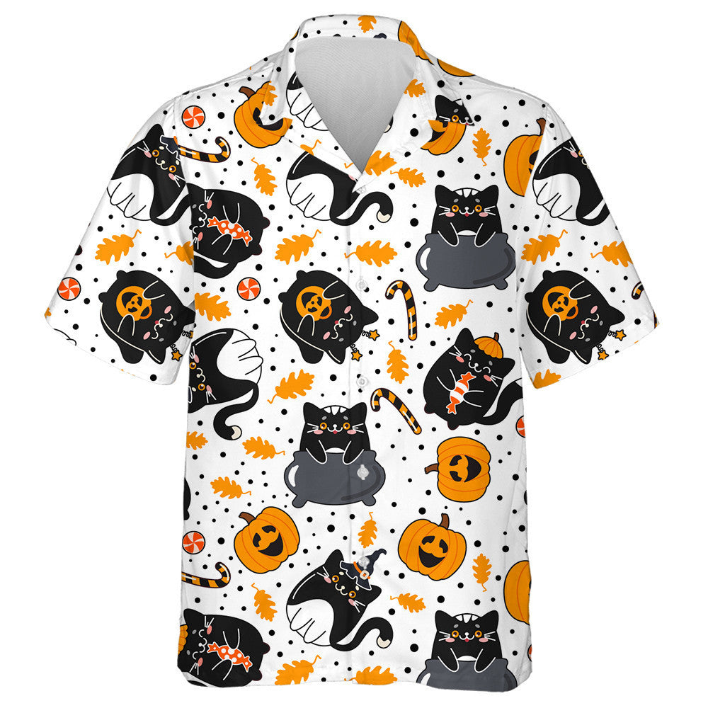 Cute Black Cats Autumn Leaves And Sweets Hawaiian Shirt, Hawaiian Shirt Gift, Christmas Gift