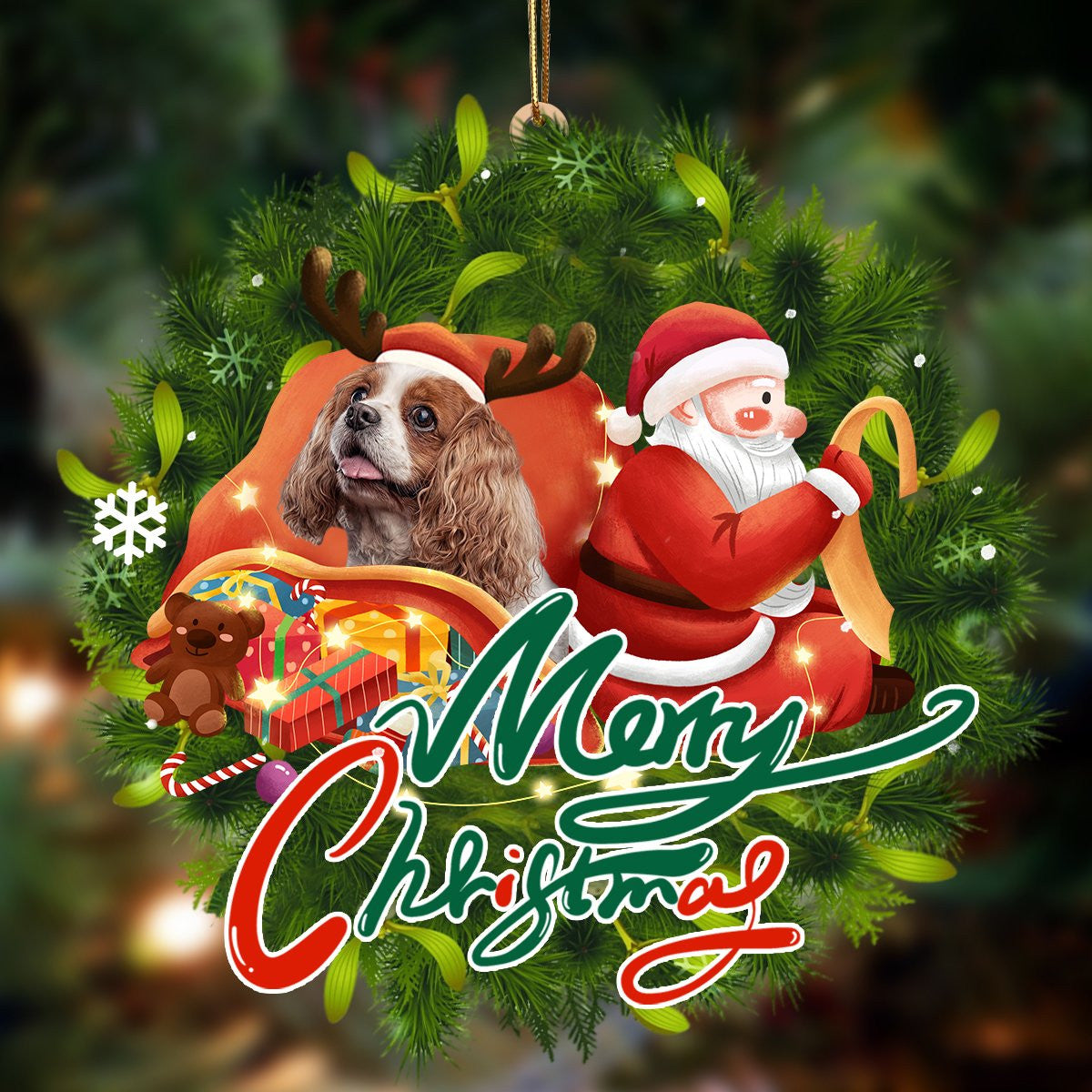 Cavalier King Spaniel-Santa & dog Hanging Christmas Plastic Hanging Ornament, Happy Christmas Ornament, Christmas Gift, Christmas Decoration