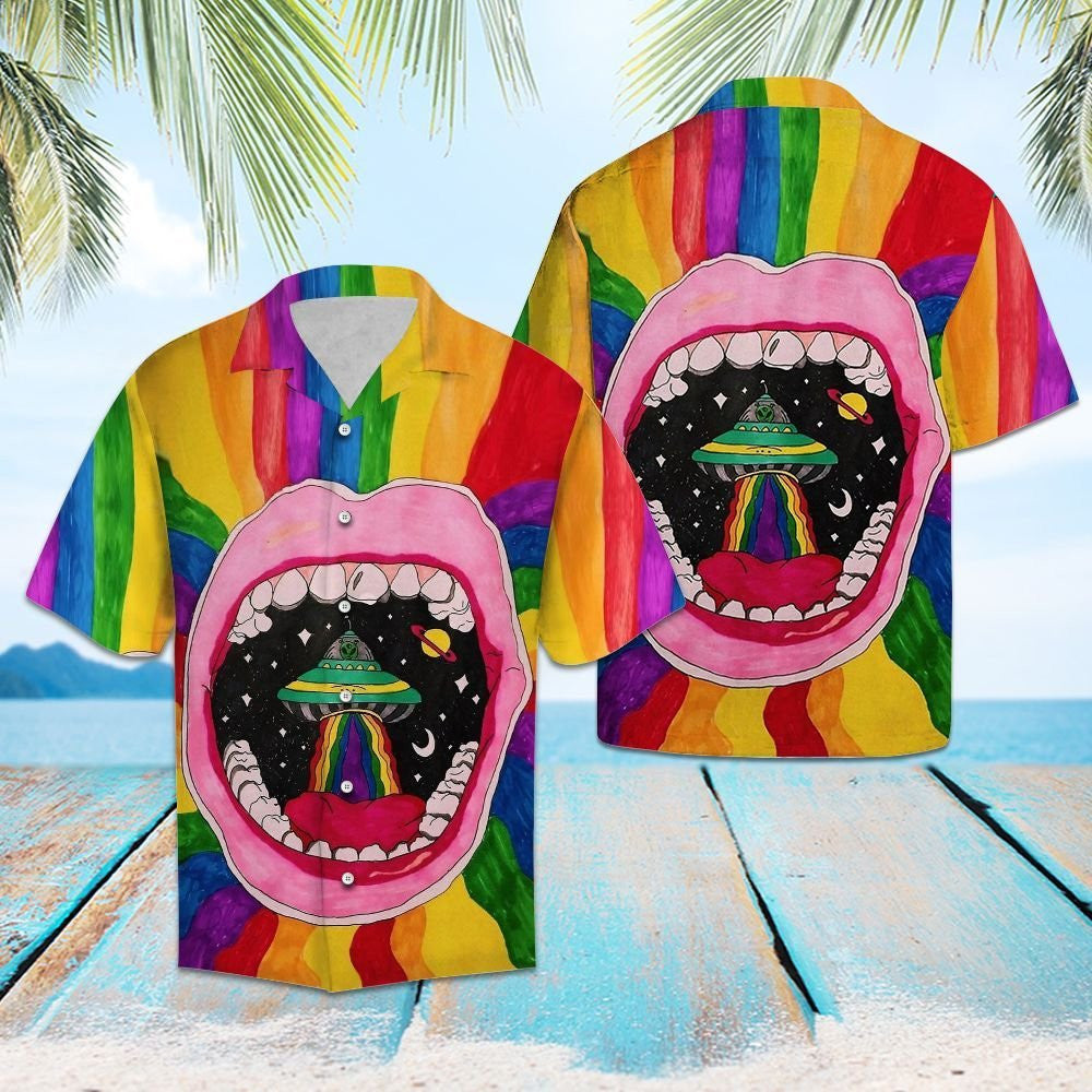 Ufo Alien Inside Pink Large Mouth Hawaiian Shirt, Hawaiian Shirt Gift, Christmas Gift