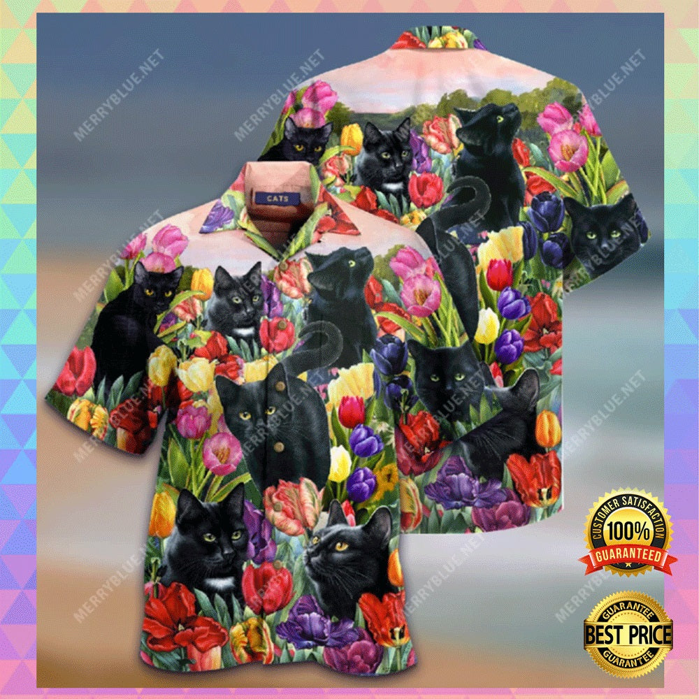 Black Cat And Tulip Hawaiian Shirt,Hawaiian Shirt Gift, Christmas Gift