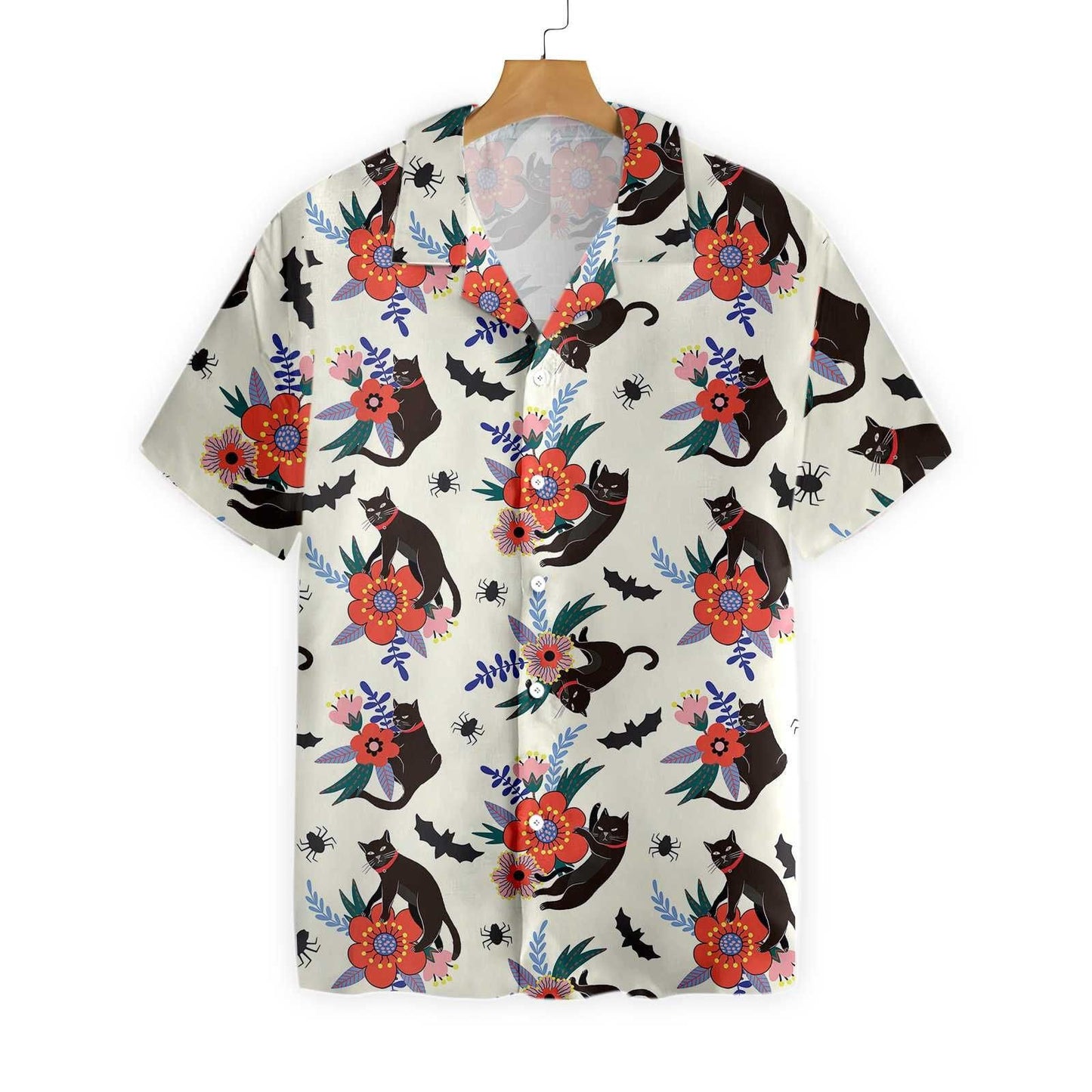 Black Bats And Cats On White Dramatic Hawaiian Shirt, Hawaiian Shirt Gift, Christmas Gift