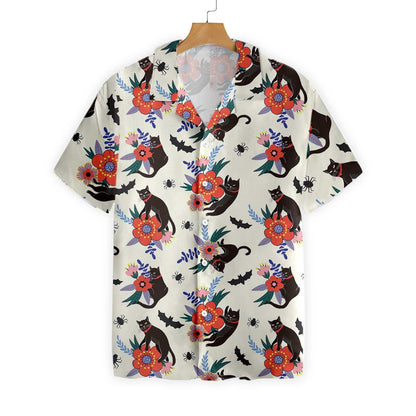 Black Bats And Cats On White Dramatic Hawaiian Shirt, Hawaiian Shirt Gift, Christmas Gift
