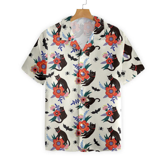 Black Bats And Cats On White Dramatic Hawaiian Shirt, Hawaiian Shirt Gift, Christmas Gift