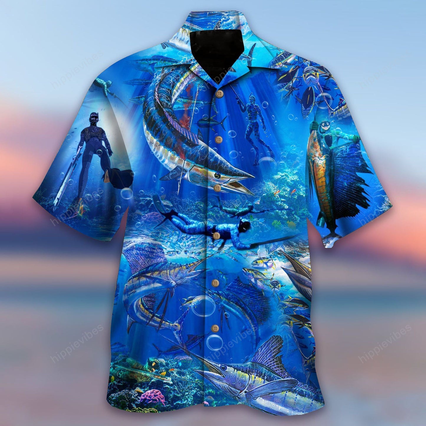 Spearfishing In Ocean World Unisex Hawaiian Shirt,Hawaiian Shirt Gift, Christmas Gift