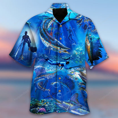 Spearfishing In Ocean World Unisex Hawaiian Shirt,Hawaiian Shirt Gift, Christmas Gift