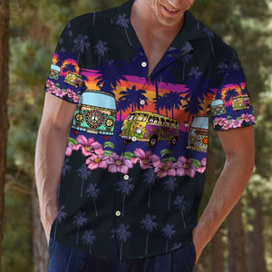 Hippie Bus Border Chest Design Hawaiian Shirt, Hawaiian For Gift