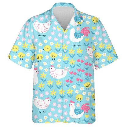 Cute Chickens And Roosters On Floral Background Hawaiian Shirt, Hawaiian Shirt Gift, Christmas Gift