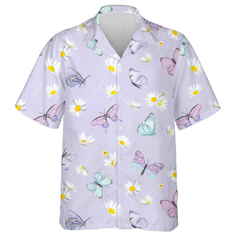 Watercolor Daisy Flowers And Butterfly Background Hawaiian Shirt, Hwaiian For Gift