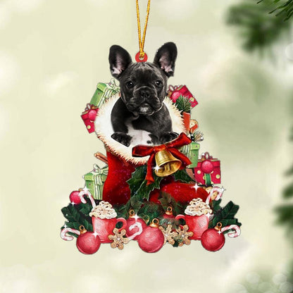 BLACK French Bulldog-Red Boot Hanging Christmas Plastic Hanging Ornament, Christmas Ornament Gift, Christmas Gift, Christmas Decoration