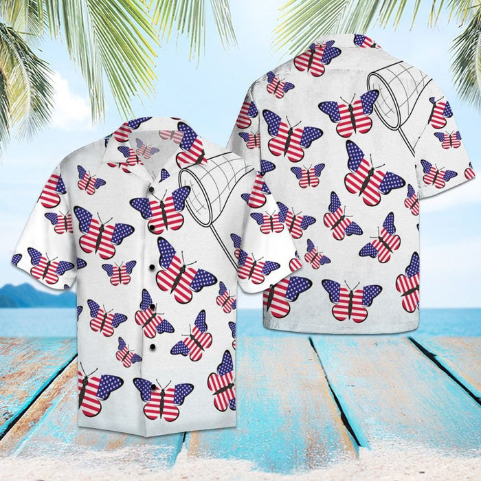 Amazing Butterflies With American Flag Pattern Hawaiian Shirt, Hawaiian For Gift