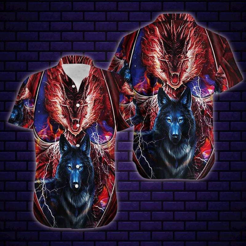 Red Fire Dragon And Wolf Design Hawaiian Shirt,Hawaiian Shirt Gift, Christmas Gift