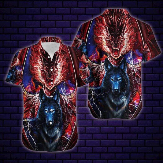 Red Fire Dragon And Wolf Design Hawaiian Shirt,Hawaiian Shirt Gift, Christmas Gift