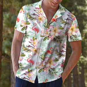 Flamingo Frangipani Flower While Theme Hawaiian Shirt,Hawaiian Shirt Gift, Christmas Gift