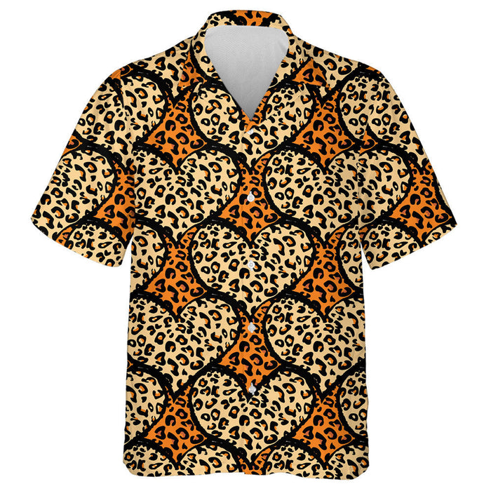 Wild African Leopard And Hearts On Orange Background Hawaiian Shirt, Hawaiian Shirt Gift, Christmas Gift