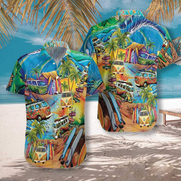 Hippie Bus Tropical Background Design Hawaiian Shirt, Hawaiian For Gift