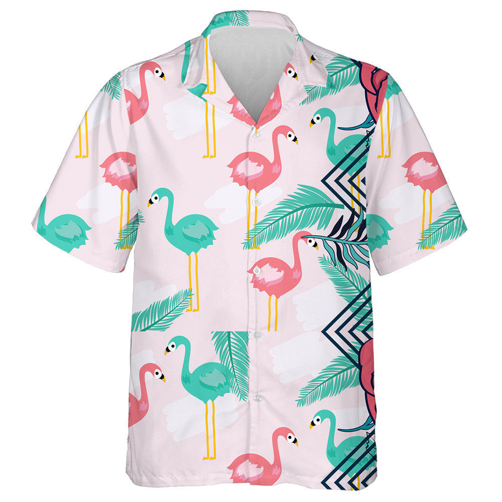 Green And Pink Flamingo With Palm Leaves Hawaiian Shirt, Hawaiian Shirt Gift, Christmas Gift