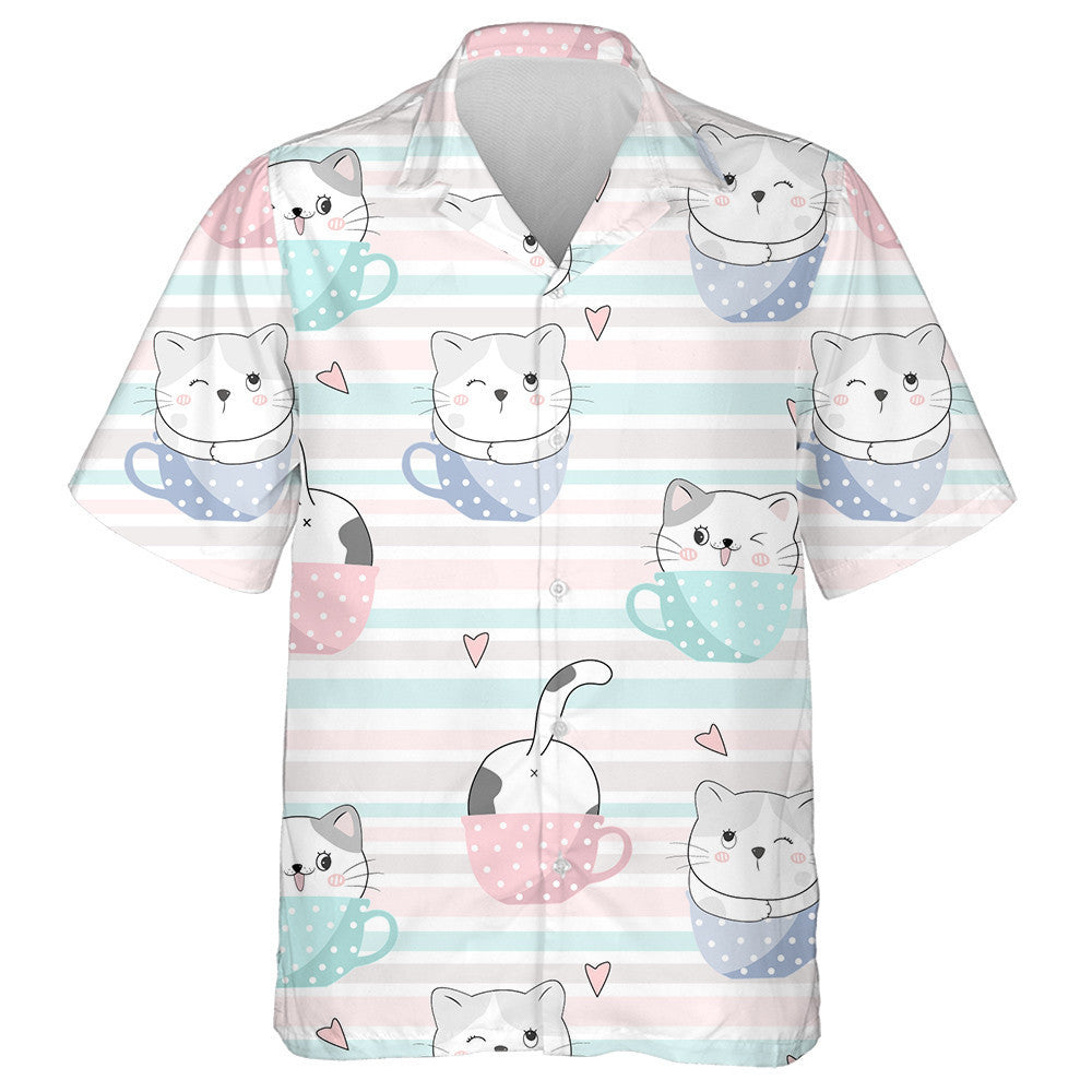 Cute Cats In Cups Cartoon Animals Background Hawaiian Shirt, Hawaiian Shirt Gift, Christmas Gift