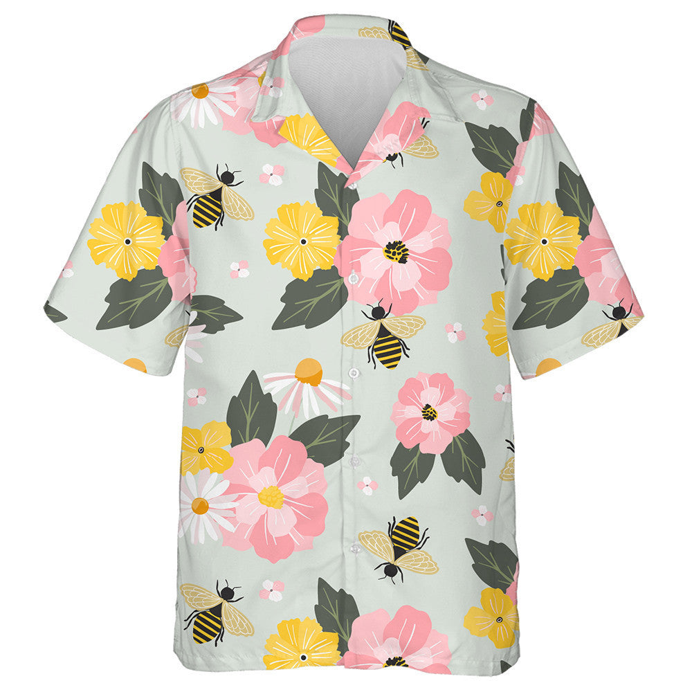 Cartoon Garden Flowers And Honey Bees Hawaiian Shirt, Hawaiian For Gift