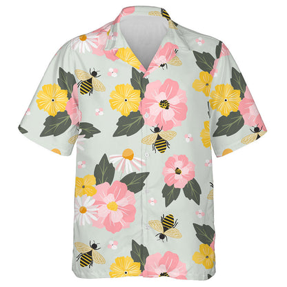 Cartoon Garden Flowers And Honey Bees Hawaiian Shirt, Hawaiian For Gift
