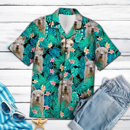 Simple Animal Love Alpacas Tropical Leaves Hawaiian Shirt, Hawaiian Shirt Gift, Christmas Gift