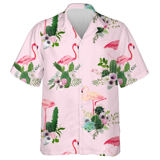 Beautiful Flamingo And Tropical Cactus Flowers Hawaiian Shirt, Hawaiian For Gift