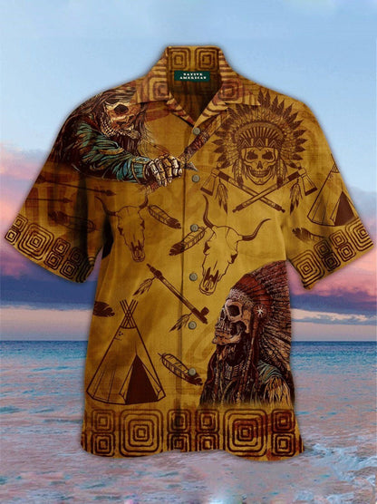 Native American Skull Wearing Feather Hat Hawaiian Shirt,Hawaiian Shirt Gift, Christmas Gift