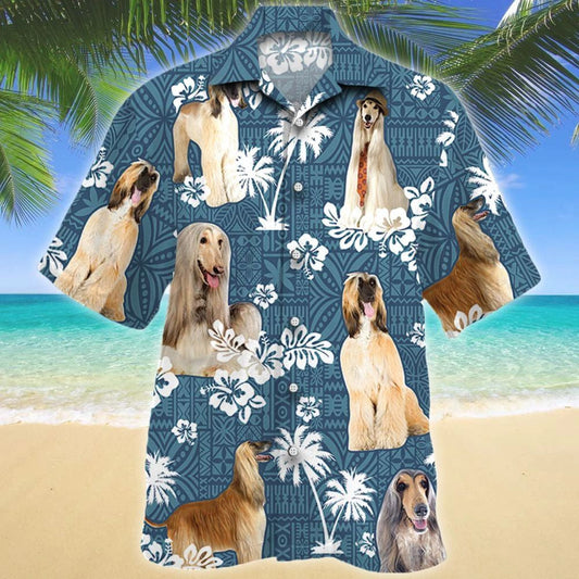 Tall Afghan Hound Dog Blue Tribal Pattern Hawaiian Shirt, Hawaiian Shirt Gift, Christmas Gift