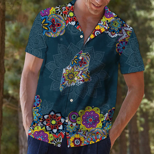 Map Of Maine Mandala Style Flower Patchwork Hawaiian Shirt, Hawaiian Shirt Gift, Christmas Gift