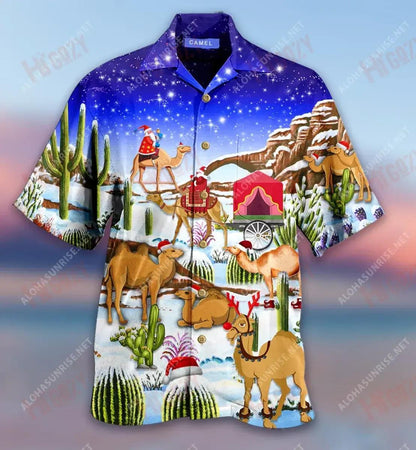 Camels Deliver Christmas Spirit Short Hawaiian Shirt Vacation Aloha Shirt Vintage Hawaiian Shirts Hawaiian Shirts For Men, Hawaiian Shirt Gift, Christmas Gift