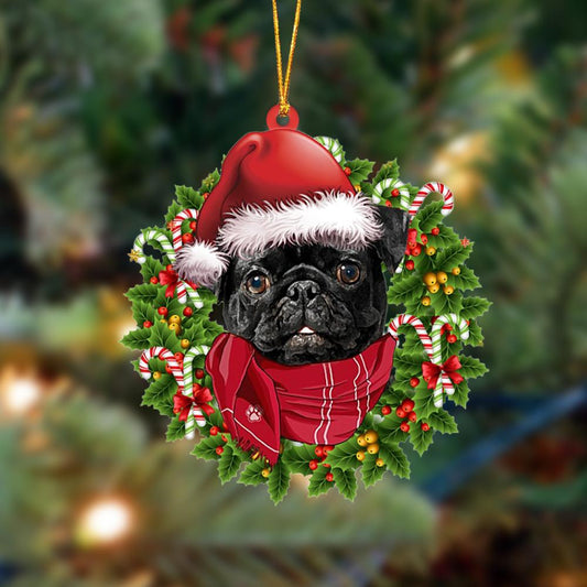 BLACK Pug-Xmas Bandana Hanging Christmas Plastic Hanging Ornament, Christmas Ornament Gift, Christmas Gift, Christmas Decoration