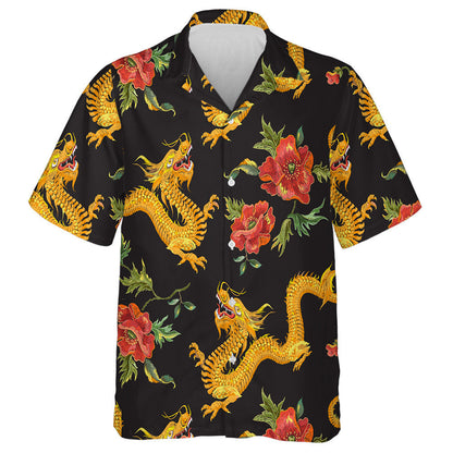 Embroidery With Golden Dragon And Red Poppy Hawaiian Shirt, Hawaiian Shirt Gift, Christmas Gift
