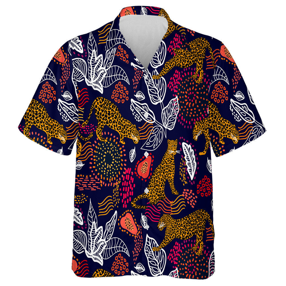 Liopards Agus Plandaí Teochriosacha Coimrithe ar Chúlra Dubh Léine Haváí, Bronntanas Léine Haváís, Bronntanas Nollag