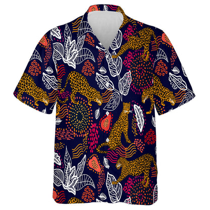 Liopards Agus Plandaí Teochriosacha Coimrithe ar Chúlra Dubh Léine Haváí, Bronntanas Léine Haváís, Bronntanas Nollag